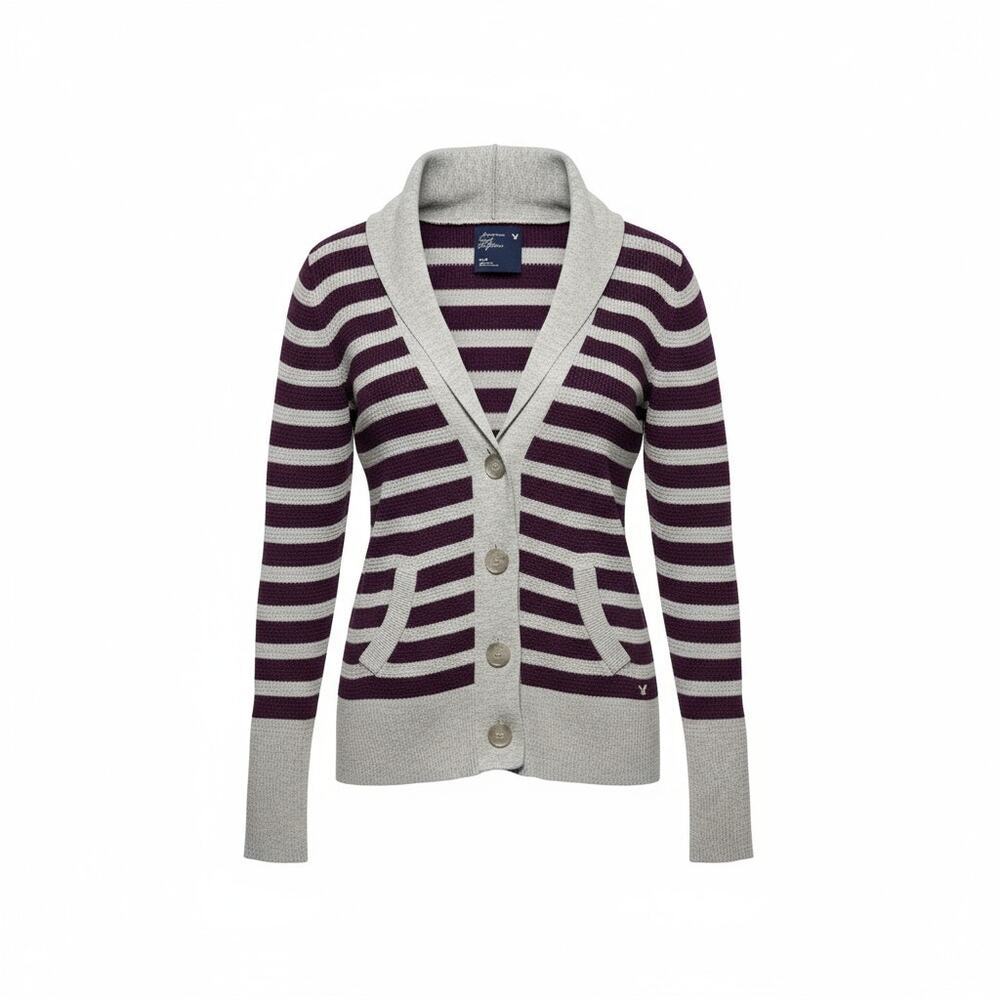 Y2k American Eagle Striped Gray/Purple Shawl Collar Cardigan Sweater Size M